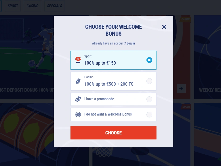 Welcome offer screen showing Sport, Casino, promo code and no-bonus options with Choose button