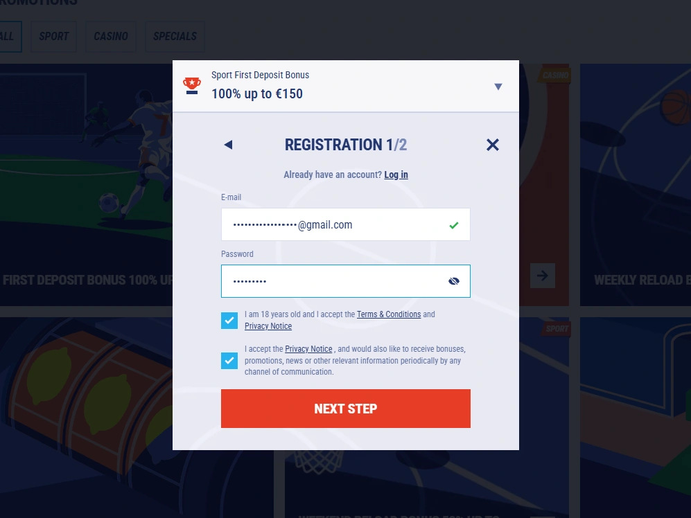 Registration step one form with email, password fields and terms acceptance checkboxes visible