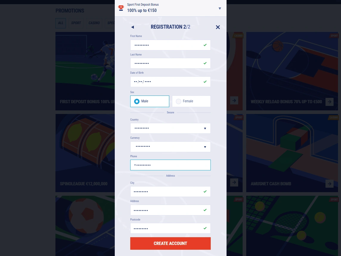Second registration step with personal, contact and address fields and Create Account button