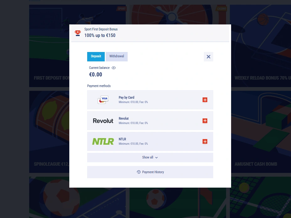 Deposit cashier screen showing three payment methods with balance and payment history options